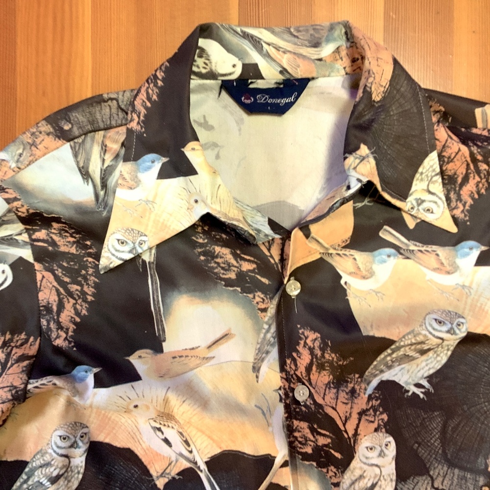 Vintage Owls and Songbirds '70s Poly shirt L - Picture 4 of 4